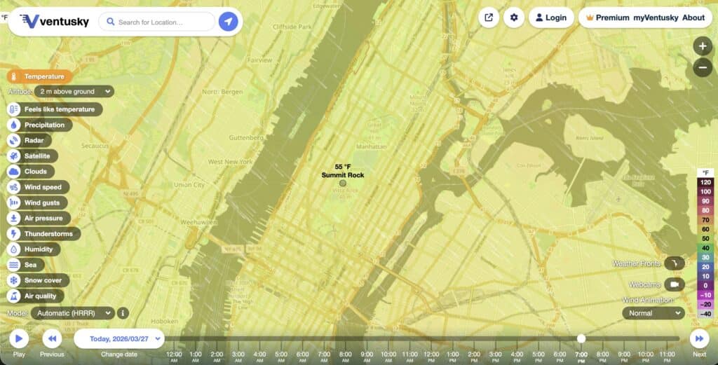 GFS weather model temperature forecast for the northeastern United States on Ventusky.